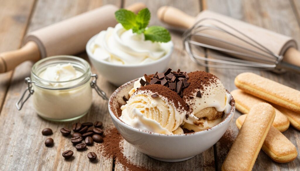 A visually appealing arrangement of ingredients for Tiramisu ice cream, featuring a rustic wooden table as the background. In the foreground, a delicate bowl filled with creamy, soft Tiramisu ice cream, topped with cocoa powder and chocolate shavings. Surrounding the bowl, ingredients like a small bundle of coffee beans, a jar of mascarpone cheese, and a few ladyfingers. In the middle ground, a white dish with whipped cream and a sprig of mint adds freshness, while a rolling pin and whisk lay nearby. The scene is bathed in warm, soft lighting to create a cozy, inviting atmosphere, capturing the essence of dessert-making. The angle is slightly overhead to showcase the colorful array and textures, with a blurred background for a professional look.