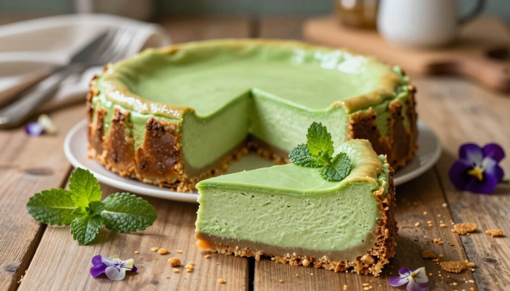 A visually enticing green cheesecake presented on a rustic wooden table, garnished with fresh mint leaves and edible flowers. In the foreground, the slice of cheesecake reveals a creamy texture with a vibrant green color, showcasing layers of smooth filling and a crust made of crushed graham crackers. The middle ground features a beautifully styled whole cheesecake, with a glossy finish reflecting soft, ambient lighting that creates a warm and inviting atmosphere. In the background, a softly blurred kitchen setting adds to the cozy feeling, with blurred utensils and ingredients hinting at a baking theme. The scene is captured from a slightly elevated angle, emphasizing the cheesecake while maintaining a calm, inspiring mood, perfect for cooking enthusiasts.