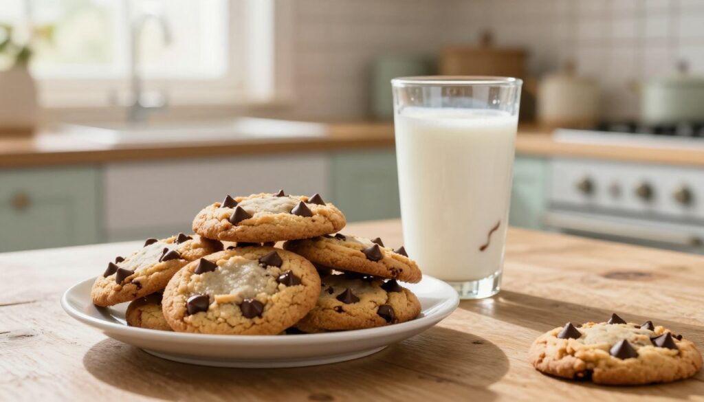 A warm, inviting kitchen scene featuring a plate of freshly baked, golden-brown chocolate chip cookies stacked neatly in the foreground. The cookies are slightly melting with chocolate chips glistening. In the middle, a glass of cold, frothy milk, featuring a subtle swirl of chocolate syrup, stands beside the cookies on a rustic wooden table. In the background, soft morning sunlight streams through a window, casting a gentle glow that enhances the cozy atmosphere. The kitchen has light pastel colors and vintage decor, evoking a sense of nostalgia. The composition should be shot from a slight angle to capture the cookies and milk harmoniously, highlighting their textures and making the viewer feel warmth and comfort. The overall mood evokes a classic home baking experience, perfect for anyone's favorite snack. A warm, inviting kitchen scene featuring a plate of freshly baked, golden-brown chocolate chip cookies stacked neatly in the foreground. The cookies are slightly melting with chocolate chips glistening. In the middle, a glass of cold, frothy milk, featuring a subtle swirl of chocolate syrup, stands beside the cookies on a rustic wooden table. In the background, soft morning sunlight streams through a window, casting a gentle glow that enhances the cozy atmosphere. The kitchen has light pastel colors and vintage decor, evoking a sense of nostalgia. The composition should be shot from a slight angle to capture the cookies and milk harmoniously, highlighting their textures and making the viewer feel warmth and comfort. The overall mood evokes a classic home baking experience, perfect for anyone's favorite snack.