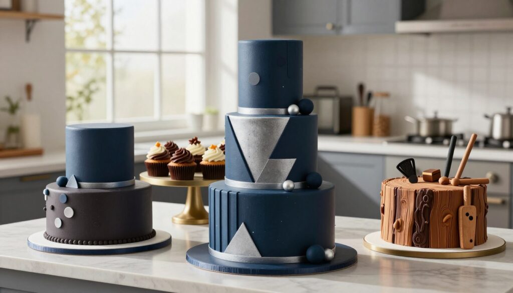 Create an image showcasing a variety of trendy and modern birthday cake designs specifically tailored for men. In the foreground, feature an elegantly decorated three-tier cake adorned with geometric patterns, dark navy blue and silver accents, and a sleek, minimalist design. Beside it, place a single-layer cake with a rugged texture, inspired by wood grains and topped with edible tools. In the middle ground, include a display of cupcakes decorated with masculine flavors like chocolate stout and espresso, featuring unique toppings like caramel shards. The background should feature a softly lit, contemporary kitchen setting, with natural light streaming in from a large window, casting gentle shadows. The overall atmosphere should feel sophisticated yet inviting, emphasizing creativity and elegance in cake design. Create an image showcasing a variety of trendy and modern birthday cake designs specifically tailored for men. In the foreground, feature an elegantly decorated three-tier cake adorned with geometric patterns, dark navy blue and silver accents, and a sleek, minimalist design. Beside it, place a single-layer cake with a rugged texture, inspired by wood grains and topped with edible tools. In the middle ground, include a display of cupcakes decorated with masculine flavors like chocolate stout and espresso, featuring unique toppings like caramel shards. The background should feature a softly lit, contemporary kitchen setting, with natural light streaming in from a large window, casting gentle shadows. The overall atmosphere should feel sophisticated yet inviting, emphasizing creativity and elegance in cake design.