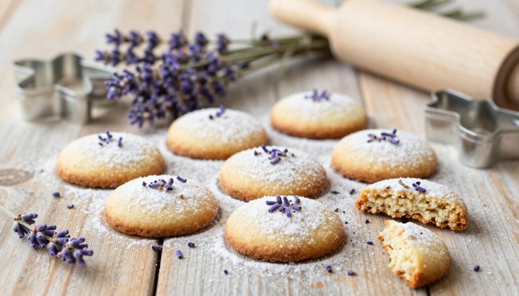 Lavender shortbread cookies arranged elegantly on a rustic wooden table, some whole and others slightly broken to reveal a crumbly texture. The cookies are lightly dusted with powdered sugar and sprinkled with culinary lavender buds, highlighting their delicate lavender hue. In the background, soft focus on a few sprigs of fresh lavender intertwined with the baking tools like a rolling pin and cookie cutters, creating a cozy baking atmosphere. The scene is illuminated by warm, natural light, suggesting a sunny kitchen. The image captures a serene and inviting mood, emphasizing the healthful qualities of lavender as an ingredient in baking, with a shallow depth of field for a dreamy effect. Lavender shortbread cookies arranged elegantly on a rustic wooden table, some whole and others slightly broken to reveal a crumbly texture. The cookies are lightly dusted with powdered sugar and sprinkled with culinary lavender buds, highlighting their delicate lavender hue. In the background, soft focus on a few sprigs of fresh lavender intertwined with the baking tools like a rolling pin and cookie cutters, creating a cozy baking atmosphere. The scene is illuminated by warm, natural light, suggesting a sunny kitchen. The image captures a serene and inviting mood, emphasizing the healthful qualities of lavender as an ingredient in baking, with a shallow depth of field for a dreamy effect.