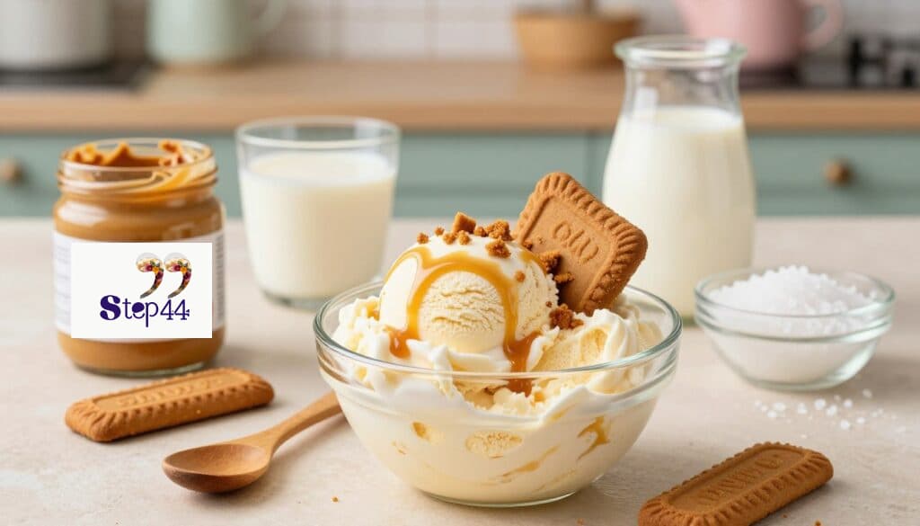 A beautifully arranged scene featuring essential ingredients for creamy Biscoff ice cream. In the foreground, a glass bowl filled with smooth and creamy ice cream swirls, topped with crumbled Biscoff cookies and a drizzle of golden caramel. Surrounding the bowl, there's a wooden spoon and a small jar of Biscoff spread, with a few whole cookies elegantly placed nearby. The middle ground showcases other ingredients like heavy cream, sweetened condensed milk, and a sprinkle of sea salt, all arranged aesthetically. In the background, soft pastel-colored kitchenware and a stylish countertop create a cozy and inviting atmosphere. The lighting is warm and soft, evoking a sense of comfort and indulgence, while the angle captures the delightful details of the ingredients and the richness of the ice cream. A beautifully arranged scene featuring essential ingredients for creamy Biscoff ice cream. In the foreground, a glass bowl filled with smooth and creamy ice cream swirls, topped with crumbled Biscoff cookies and a drizzle of golden caramel. Surrounding the bowl, there's a wooden spoon and a small jar of Biscoff spread, with a few whole cookies elegantly placed nearby. The middle ground showcases other ingredients like heavy cream, sweetened condensed milk, and a sprinkle of sea salt, all arranged aesthetically. In the background, soft pastel-colored kitchenware and a stylish countertop create a cozy and inviting atmosphere. The lighting is warm and soft, evoking a sense of comfort and indulgence, while the angle captures the delightful details of the ingredients and the richness of the ice cream.