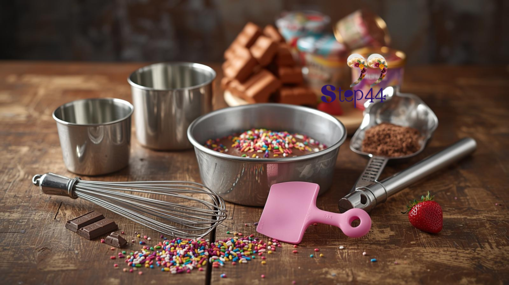 A beautifully arranged display of essential baking tools for a chocolate ice cream cake, set on a rustic wooden countertop. In the foreground, a glossy mixing bowl, a set of measuring cups, and a whisk glisten in vibrant kitchen lighting. The middle layer features a cake pan, a spatula, and colorful sprinkles, all carefully positioned to showcase their use. In the background, a charming array of chocolate bars, ice cream containers, and fresh strawberries add a pop of color and context to the scene. Soft, warm lighting creates a cozy and inviting atmosphere, with a subtle bokeh effect blurring the edges of the setting. The image conveys a playful yet professional mood, perfect for enticing home bakers.