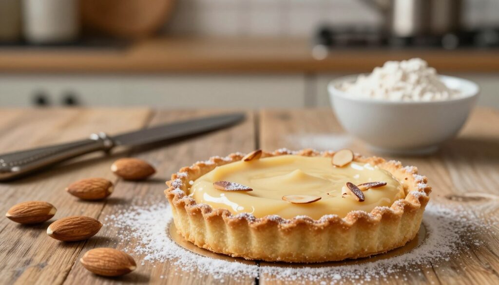 A beautifully arranged almond tart sits elegantly on a rustic wooden table in the foreground, with a delicate, golden-brown crust perfectly flaked and a smooth, creamy almond filling glistening under soft, warm lighting. The tart is garnished with slivered almonds and a dusting of powdered sugar, enhancing its inviting appearance. In the middle ground, a few whole almonds are scattered artfully alongside a vintage pastry knife and a small bowl of almond flour, emphasizing the essential ingredients. The background features a softly blurred kitchen setting, with subtle hints of baking decor and warm hues, evoking a cozy, homely atmosphere. The scene is captured with a shallow depth of field, focusing on the tart while the surroundings remain gently out of focus, creating an inviting and appetizing mood. A beautifully arranged almond tart sits elegantly on a rustic wooden table in the foreground, with a delicate, golden-brown crust perfectly flaked and a smooth, creamy almond filling glistening under soft, warm lighting. The tart is garnished with slivered almonds and a dusting of powdered sugar, enhancing its inviting appearance. In the middle ground, a few whole almonds are scattered artfully alongside a vintage pastry knife and a small bowl of almond flour, emphasizing the essential ingredients. The background features a softly blurred kitchen setting, with subtle hints of baking decor and warm hues, evoking a cozy, homely atmosphere. The scene is captured with a shallow depth of field, focusing on the tart while the surroundings remain gently out of focus, creating an inviting and appetizing mood.