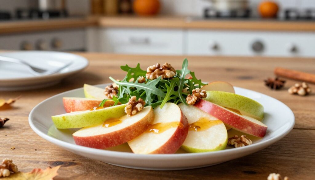 A beautifully arranged apple pear salad sits prominently in the foreground, showcasing vibrant red apples and green pears, sliced delicately and mixed with fresh arugula and toasted walnuts. The salad is dressed with a light caramelized honey vinaigrette that glistens under soft, natural lighting. In the middle ground, a rustic wooden table adds warmth, complemented by a simple, elegant white plate. Background elements include a blurred view of a cozy kitchen with autumn-themed decor, hinting at seasonal spices like cinnamon and nutmeg. The angle is slightly elevated, capturing the textures and colors of the salad, conveying a fresh, inviting atmosphere that reflects the essence of fall dining.