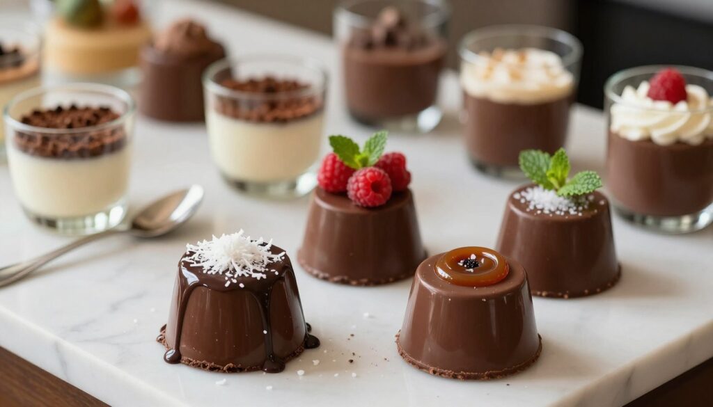 A beautifully arranged assortment of chocolate panna cotta variations showcased on an elegant white marble countertop. In the foreground, three distinct panna cotta desserts: one topped with grated coconut and a drizzle of chocolate syrup, another garnished with fresh raspberries and mint leaves, and the last adorned with a sprinkle of sea salt and a caramel swirl. In the middle background, a soft-focus view of additional panna cotta variations in various serving glasses, highlighting their creamy textures and rich chocolate hues. Warm, natural lighting casts a subtle glow, enhancing the appetizing allure. The atmosphere is inviting and indulgent, perfect for a culinary treat, with a shallow depth of field to emphasize the desserts while slightly blurring the background elements.