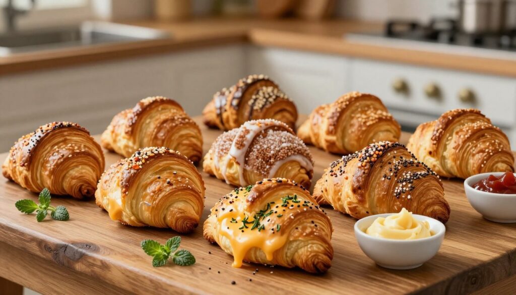 A beautifully arranged assortment of creative crescent roll variations displayed on a rustic wooden table, with a warm, inviting kitchen background softly blurred. In the foreground, feature crescent rolls in various flavors: some filled with gooey cheese and herbs, others with sweet cinnamon sugar and a drizzle of icing. Include rolls topped with colorful sesame seeds and poppy seeds, showcasing their golden-brown crusts. Lighting is warm and natural, suggesting a cozy afternoon ambiance. A few sprigs of fresh herbs and small bowls of dipping sauces like garlic butter and marinara should complement the scene. The overall mood is delightful and appetizing, encouraging the viewer to explore these enticing alternatives to the classic crescent roll.