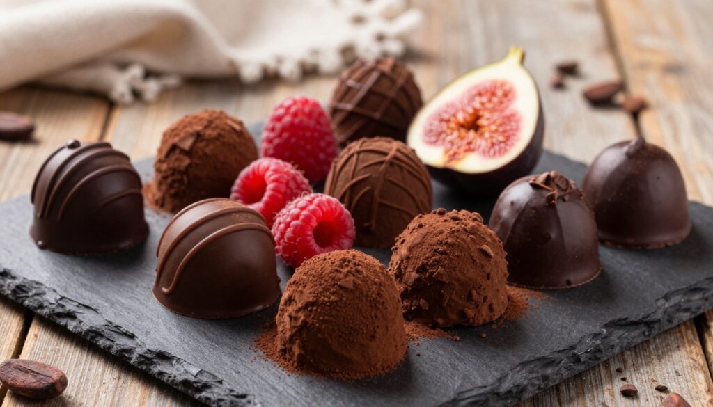 A beautifully arranged assortment of gourmet black chocolate truffles, featuring a variety of textures and finishes like smooth ganache, crunchy cocoa powder, and glossy dark chocolate shells. In the foreground, display a few truffles on an elegant, reflective slate surface, allowing their rich colors to shine. In the middle, complement the truffles with fresh fruit pairings, such as ripe raspberries and succulent figs, artfully placed to enhance the luxurious feel. The background should include a soft-focus depiction of a rustic wooden table setting, adorned with delicate linen and scattered cocoa nibs, creating a warm and inviting atmosphere. Use soft, diffused lighting to highlight the glossy finish of the truffles, and choose an overhead angle for a dramatic, appetizing view that captures the essence of indulgence and sophistication. A beautifully arranged assortment of gourmet black chocolate truffles, featuring a variety of textures and finishes like smooth ganache, crunchy cocoa powder, and glossy dark chocolate shells. In the foreground, display a few truffles on an elegant, reflective slate surface, allowing their rich colors to shine. In the middle, complement the truffles with fresh fruit pairings, such as ripe raspberries and succulent figs, artfully placed to enhance the luxurious feel. The background should include a soft-focus depiction of a rustic wooden table setting, adorned with delicate linen and scattered cocoa nibs, creating a warm and inviting atmosphere. Use soft, diffused lighting to highlight the glossy finish of the truffles, and choose an overhead angle for a dramatic, appetizing view that captures the essence of indulgence and sophistication.