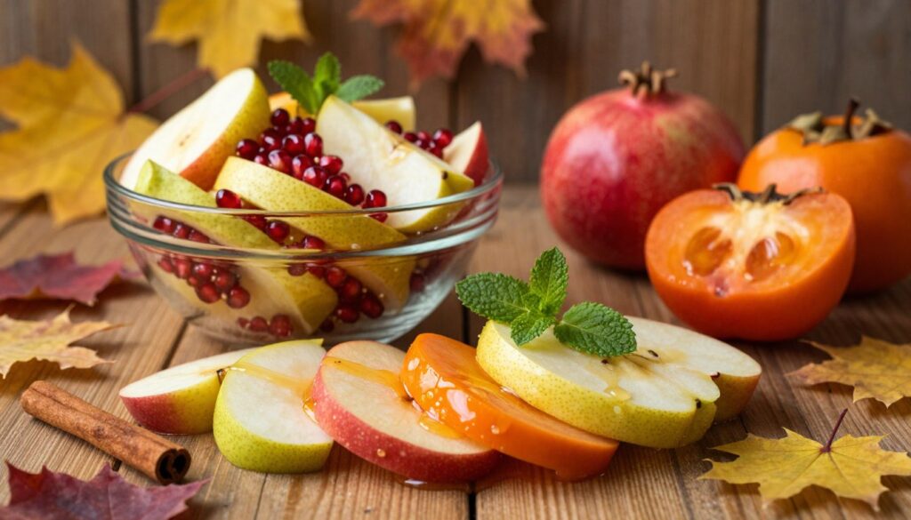 A beautifully arranged autumn fruit salad displayed on a rustic wooden table, featuring vibrant seasonal fruits like crisp apples, juicy pears, deep red pomegranates, and bright orange persimmons. In the foreground, the fruits are cut into colorful slices, glistening with a light drizzle of honey. Wisps of cinnamon and sprigs of mint are strategically placed to enhance the visual appeal. In the middle ground, a glass bowl showcases the salad overflowing with these fresh ingredients, illuminated by warm, soft lighting that creates an inviting atmosphere. The background features blurred autumn leaves in shades of gold and crimson, adding depth and a seasonal touch to the scene. The overall mood is cozy and inviting, perfect for fall gatherings.
