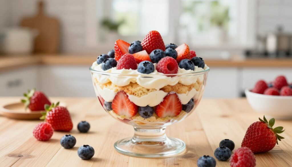 A beautifully arranged berry trifle dessert, showcasing layers of vibrant red strawberries, deep blue blueberries, and luscious raspberries amidst fluffy whipped cream and soft sponge cake. The trifle is presented in a tall glass dish, allowing for a clear view of its colorful layers. In the foreground, the focus is on the trifle, with natural lighting casting a warm, inviting glow. The middle layer features a wooden table with fresh berries scattered around, enhancing the dessert's freshness. The background is softly blurred, featuring a cozy kitchen setting with bright, airy windows, suggesting a lively yet homey atmosphere. The overall mood is cheerful and inviting, perfectly encapsulating a delightful yet healthy dessert option for everyone to enjoy.