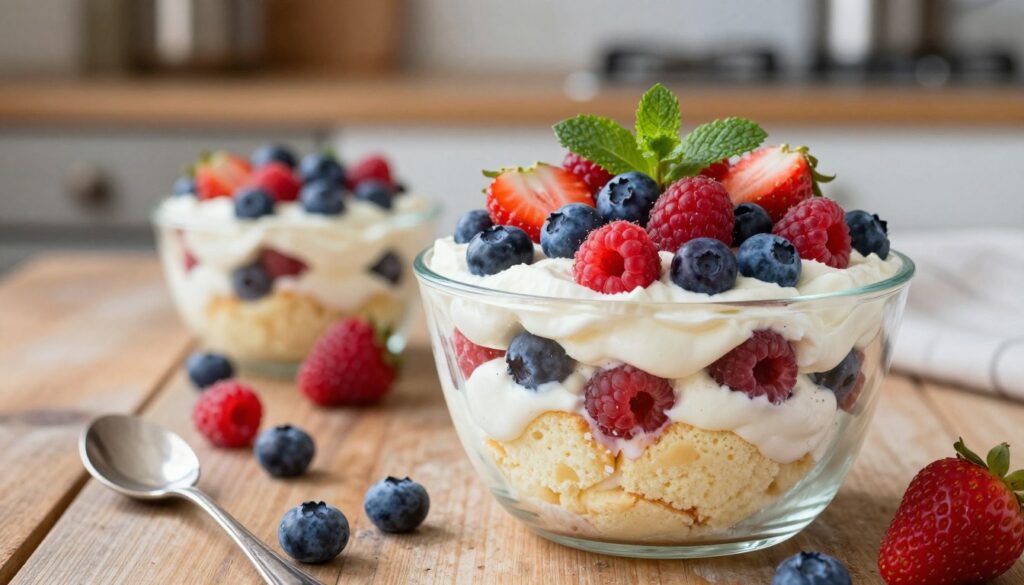 A beautifully arranged berry trifle dessert sits enticingly on a rustic wooden table, showcasing layers of fluffy vanilla sponge cake, luscious whipped cream, and an abundance of fresh berries including strawberries, blueberries, and raspberries. In the foreground, the trifle is displayed in a clear glass bowl, allowing the vibrant colors of the ingredients to shine. Delicate mint leaves are sprinkled on top for a fresh touch. In the middle ground, scattered whole berries and a small spoon rest beside the dessert, enhancing the inviting scene. The background features a softly blurred kitchen setting with warm, natural lighting, adding a cozy atmosphere. The composition is shot from a slightly elevated angle to capture the delightful layers and textures, creating a sense of warmth and indulgence.