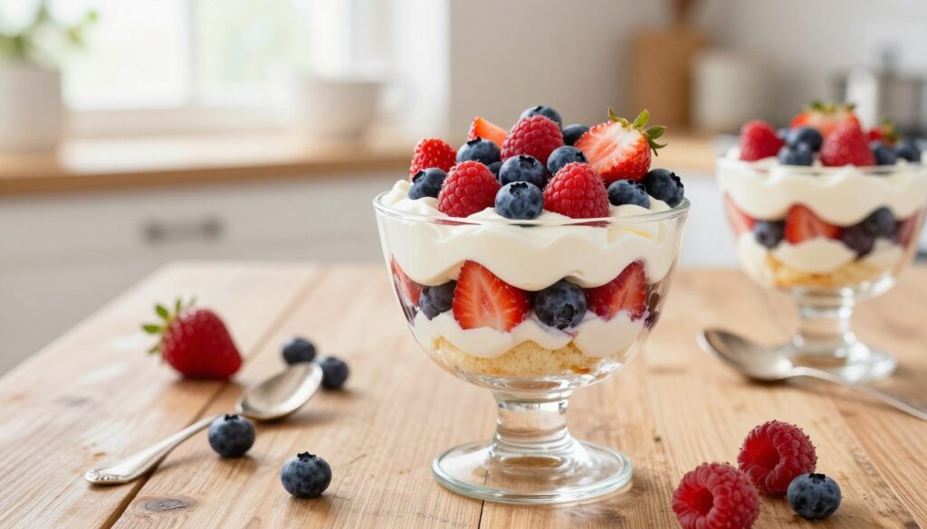 A beautifully arranged berry trifle parfait sits at the forefront, featuring layers of luscious whipped cream, soft sponge cake, and vibrant mixed berries including strawberries, blueberries, and raspberries. The parfait is served in a clear, elegant glass, showcasing the colorful layers and textures. In the middle ground, a rustic wooden table adds warmth, while a few scattered fresh berries and a silver spoon enhance the presentation. The background softly blurs, revealing a bright, inviting kitchen setting with natural light streaming through a window, creating a cheerful atmosphere. The composition should be shot from a slightly elevated angle, focusing on the parfait, emphasizing its decadent layers and inviting appeal. The scene conveys a sense of celebration and indulgence, perfect for serving dessert at a gathering.