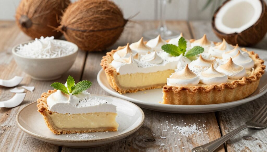 A beautifully arranged classic coconut pie on a rustic wooden table, showcasing a golden-brown crust with a fluffy meringue topping that peaks elegantly. The pie is garnished with freshly grated coconut and delicate mint leaves, adding a pop of color. In the foreground, a slice of the pie is served on a vintage ceramic plate, revealing its creamy filling and texture. The middle ground features a few whole coconuts and a bowl of coconut shavings, evoking a tropical feel. Soft, natural lighting bathes the scene, enhancing the pie's inviting appearance. The background blur includes subtle kitchen elements and utensils, creating a warm, homely atmosphere perfect for family gatherings or celebrations.
