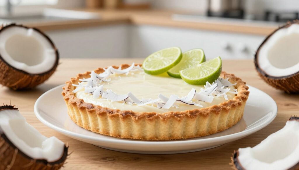 A beautifully arranged coconut tart sits elegantly on a white porcelain plate, showcasing its golden-brown crust and creamy coconut filling. The tart is garnished artistically with delicate coconut flakes and slices of fresh lime for a pop of color, enhancing its tropical flair. In the foreground, a few coconut halves are placed strategically, revealing the rich, white flesh inside to highlight the main ingredient. The middle ground features a softly blurred wooden table, adding warmth to the scene. The background softly displays a simple but elegant kitchen setting with natural light pouring through a nearby window, creating a bright and inviting atmosphere. The image conveys a mood of celebration and indulgence, perfect for special occasions, captured from a slightly elevated angle to accentuate the tart’s details and textures.