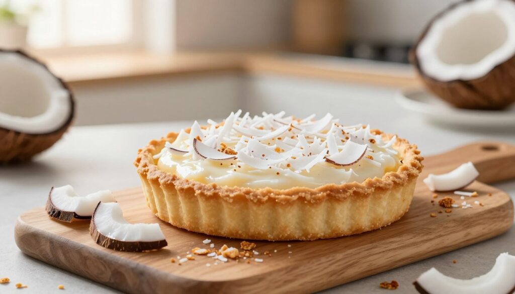 A beautifully arranged coconut tart sits elegantly on a wooden serving board, surrounded by delicate slices and a scattering of toasted coconut flakes. The tart, with a golden crispy crust, showcases its creamy coconut filling topped with glossy, shredded coconut. In the background, a softly blurred kitchen setting includes a subtle hint of warm sunlight filtering through a window, creating a cozy and inviting atmosphere. The scene is captured from a slightly elevated angle to emphasize the texture and layers of the tart, while a gentle, diffused light enhances the freshness of the coconut. The mood is warm and welcoming, conveying the sweetness of this delightful treat, perfect for enjoying later.