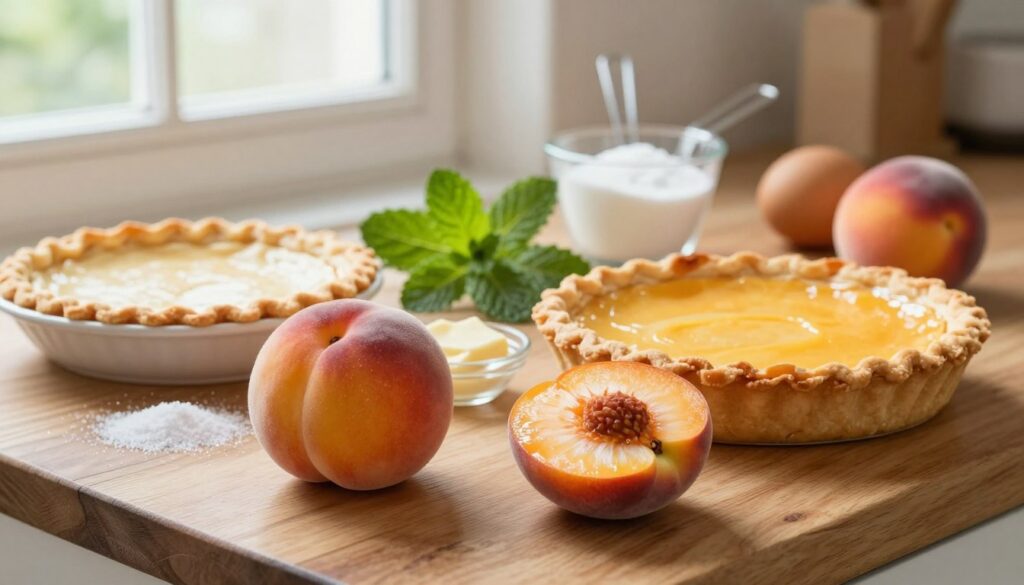 A beautifully arranged collection of fresh peach tart ingredients on a rustic wooden kitchen countertop. In the foreground, plump, ripe peaches with a slight sheen, sliced in half to reveal their bright orange flesh and velvety texture. Beside them, a bowl of flaky pie crust, a sprinkle of sugar, and a small dish of creamy butter. In the middle ground, a scattering of fresh mint leaves, a measuring cup filled with sweetener, and a few eggs. The background features soft, diffused natural light coming through a window, enhancing the vibrant colors of the ingredients. The atmosphere is warm and inviting, evoking a sense of homey comfort, perfect for a summer baking moment. The composition is beautifully balanced with a culinary focus, highlighting the freshness and simplicity of the ingredients. A beautifully arranged collection of fresh peach tart ingredients on a rustic wooden kitchen countertop. In the foreground, plump, ripe peaches with a slight sheen, sliced in half to reveal their bright orange flesh and velvety texture. Beside them, a bowl of flaky pie crust, a sprinkle of sugar, and a small dish of creamy butter. In the middle ground, a scattering of fresh mint leaves, a measuring cup filled with sweetener, and a few eggs. The background features soft, diffused natural light coming through a window, enhancing the vibrant colors of the ingredients. The atmosphere is warm and inviting, evoking a sense of homey comfort, perfect for a summer baking moment. The composition is beautifully balanced with a culinary focus, highlighting the freshness and simplicity of the ingredients.