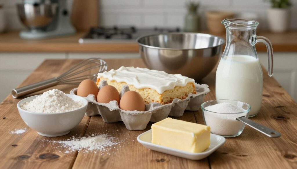 A beautifully arranged collection of ingredients for a White Texas Sheet Cake, laid out on a rustic wooden table. In the foreground, focus on key ingredients: a bowl of flour, a carton of eggs, a stick of butter, a measuring cup of sugar, and a jug of milk, all presented with a soft, natural lighting that highlights their textures. The middle ground features classic baking tools like a whisk and mixing bowl, hinting at the baking process. The background includes subtle hints of kitchen décor, such as a vintage mixer and pastry flour dusting. The overall atmosphere is warm and inviting, evoking a cozy kitchen setting perfect for baking. The composition should be sharp and clear, with a slight depth of field that draws attention to the ingredients while keeping the setting soft and inviting. A beautifully arranged collection of ingredients for a White Texas Sheet Cake, laid out on a rustic wooden table. In the foreground, focus on key ingredients: a bowl of flour, a carton of eggs, a stick of butter, a measuring cup of sugar, and a jug of milk, all presented with a soft, natural lighting that highlights their textures. The middle ground features classic baking tools like a whisk and mixing bowl, hinting at the baking process. The background includes subtle hints of kitchen décor, such as a vintage mixer and pastry flour dusting. The overall atmosphere is warm and inviting, evoking a cozy kitchen setting perfect for baking. The composition should be sharp and clear, with a slight depth of field that draws attention to the ingredients while keeping the setting soft and inviting.