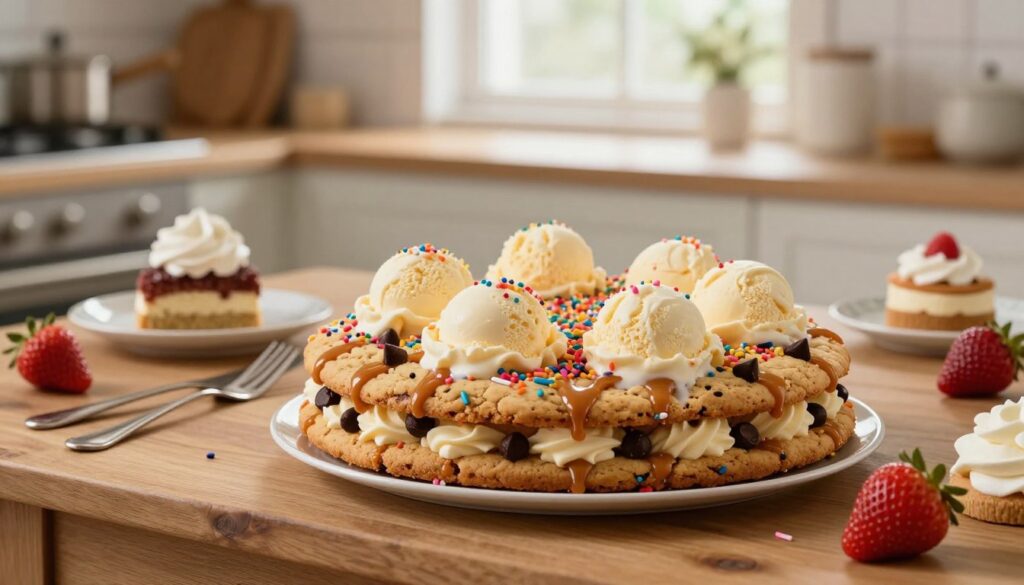 A beautifully arranged cookie cake, featuring an assortment of vibrant toppings like colorful sprinkles, chocolate chips, and drizzled caramel sauce, sits in the foreground on an elegant wooden table. The cookie cake is large and inviting, topped with creamy vanilla ice cream that is slightly melting, creating a delightful contrast. Surrounding the cake are elegant dessert utensils and a few additional toppings like whipped cream and fresh strawberries artfully placed. In the middle background, a soft-focus of a rustic kitchen setting enhances the warmth of the scene with gentle, natural lighting streaming through a nearby window. The image should evoke a cozy, inviting atmosphere, perfect for a sweet celebration. Capture this scene from a slightly elevated angle to emphasize the delicious layers and textures of the cookie cake and its accompaniments. A beautifully arranged cookie cake, featuring an assortment of vibrant toppings like colorful sprinkles, chocolate chips, and drizzled caramel sauce, sits in the foreground on an elegant wooden table. The cookie cake is large and inviting, topped with creamy vanilla ice cream that is slightly melting, creating a delightful contrast. Surrounding the cake are elegant dessert utensils and a few additional toppings like whipped cream and fresh strawberries artfully placed. In the middle background, a soft-focus of a rustic kitchen setting enhances the warmth of the scene with gentle, natural lighting streaming through a nearby window. The image should evoke a cozy, inviting atmosphere, perfect for a sweet celebration. Capture this scene from a slightly elevated angle to emphasize the delicious layers and textures of the cookie cake and its accompaniments.