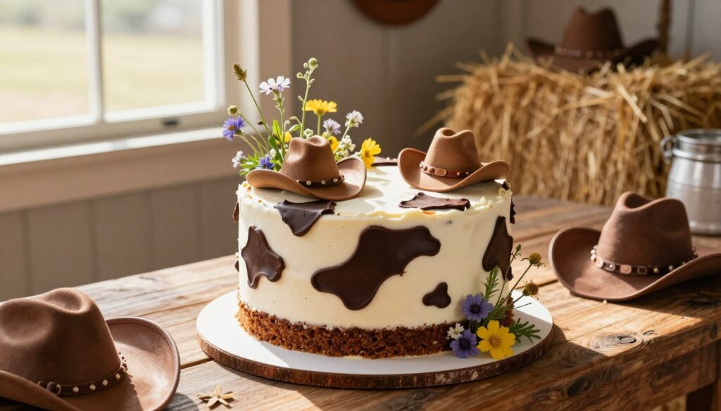 A beautifully arranged cow print cake, elegantly displayed on a rustic wooden table set, surrounded by various cowboy-themed decorations. The cake features a rich chocolate ganache with white icing resembling cow spots, garnished with fresh wildflowers and small edible cowboy hats. The foreground captures the intricate details of the cake, showcasing layers of moist cake and creamy filling. In the middle, soft sunlight filters through a nearby window, highlighting the inviting textures. The background includes hay bales and subtle hints of a festive western setting, evoking a cheerful and nostalgic atmosphere. The scene conveys a sense of warmth and celebration, perfect for a lively cowboy-themed party. A beautifully arranged cow print cake, elegantly displayed on a rustic wooden table set, surrounded by various cowboy-themed decorations. The cake features a rich chocolate ganache with white icing resembling cow spots, garnished with fresh wildflowers and small edible cowboy hats. The foreground captures the intricate details of the cake, showcasing layers of moist cake and creamy filling. In the middle, soft sunlight filters through a nearby window, highlighting the inviting textures. The background includes hay bales and subtle hints of a festive western setting, evoking a cheerful and nostalgic atmosphere. The scene conveys a sense of warmth and celebration, perfect for a lively cowboy-themed party.