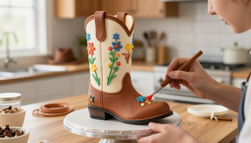 A beautifully arranged cowboy boot cake tutorial scene, showcasing a half-finished decorated cake shaped like a classic cowboy boot. In the foreground, a close-up of a baker’s hands skillfully applying colorful fondant and intricate piping details. The middle of the image features a fully crafted boot cake, embellished with edible patterns resembling tooled leather, wildflowers, and rustic elements like a tiny lasso. The background includes a softly lit kitchen adorned with Western-themed decorations, enhancing the cowboy party vibe. Natural light streams in from a nearby window, creating a warm, inviting atmosphere. Use a shallow depth of field to focus on the cake while gently blurring the background, capturing the essence of customization and creativity in cake design for a memorable celebration. A beautifully arranged cowboy boot cake tutorial scene, showcasing a half-finished decorated cake shaped like a classic cowboy boot. In the foreground, a close-up of a baker’s hands skillfully applying colorful fondant and intricate piping details. The middle of the image features a fully crafted boot cake, embellished with edible patterns resembling tooled leather, wildflowers, and rustic elements like a tiny lasso. The background includes a softly lit kitchen adorned with Western-themed decorations, enhancing the cowboy party vibe. Natural light streams in from a nearby window, creating a warm, inviting atmosphere. Use a shallow depth of field to focus on the cake while gently blurring the background, capturing the essence of customization and creativity in cake design for a memorable celebration.