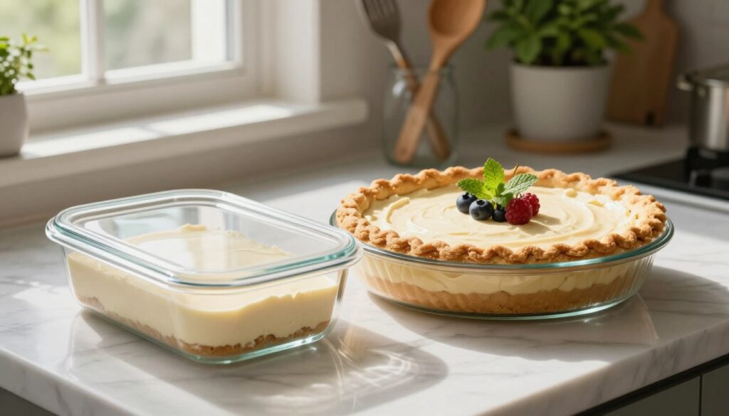 A beautifully arranged cream cheese pie resting on a marble countertop, garnished with fresh berries and a delicate sprig of mint. In the foreground, a sleek glass storage container is gently placed beside the pie, showcasing its airtight seal, hinting at the ideal way to store the dessert. Soft, diffused natural light streams in from a nearby window, casting gentle shadows that convey a warm, inviting atmosphere. In the middle background, an elegant kitchen setting features neatly organized utensils and a hint of greenery from potted herbs, enhancing the homely vibe. The overall mood is cozy and welcoming, perfect for depicting the concept of storing a delightful cream cheese pie for later enjoyment. No text or distractions present in the image. A beautifully arranged cream cheese pie resting on a marble countertop, garnished with fresh berries and a delicate sprig of mint. In the foreground, a sleek glass storage container is gently placed beside the pie, showcasing its airtight seal, hinting at the ideal way to store the dessert. Soft, diffused natural light streams in from a nearby window, casting gentle shadows that convey a warm, inviting atmosphere. In the middle background, an elegant kitchen setting features neatly organized utensils and a hint of greenery from potted herbs, enhancing the homely vibe. The overall mood is cozy and welcoming, perfect for depicting the concept of storing a delightful cream cheese pie for later enjoyment. No text or distractions present in the image.