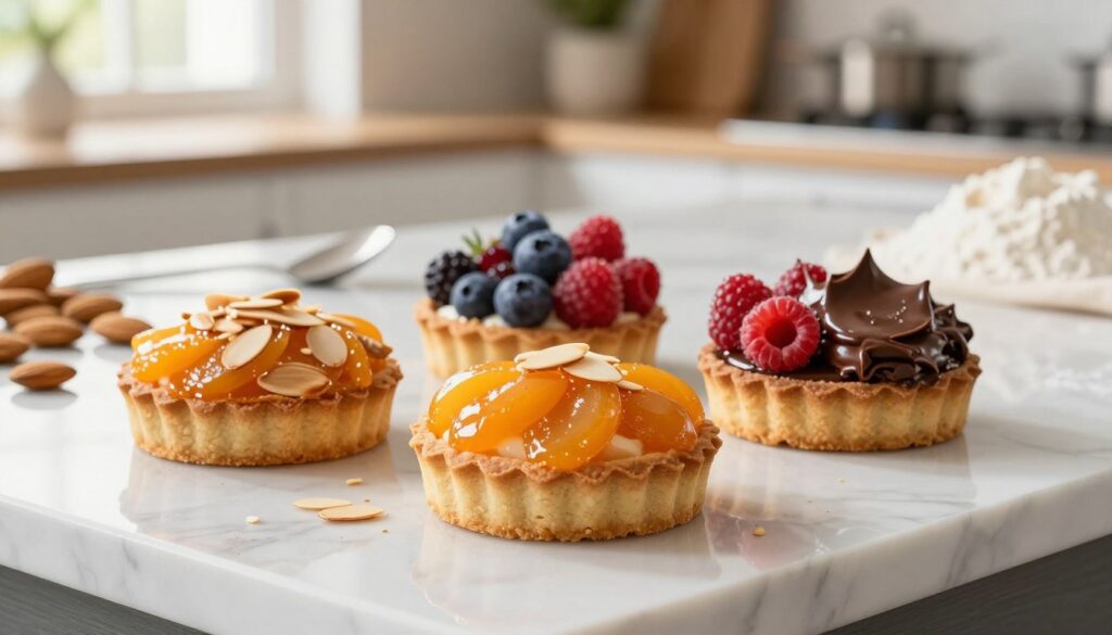 A beautifully arranged display of almond tart variations, showcasing three distinct styles: a classic almond frangipane tart with glossy apricot glaze, a raspberry almond tart adorned with fresh berries, and a chocolate almond tart with a rich ganache topping. In the foreground, a clean, white marble countertop reflects the vivid colors of the tarts, with delicate almond slivers sprinkled around. In the middle ground, soft-focus kitchen utensils and ingredients like raw almonds and flour hint at the baking process. The background features a softly blurred kitchen setting with warm, natural light filtering through a window, creating an inviting and cozy atmosphere. The tarts should be presented at a slight angle to highlight their textures and fillings, capturing the essence of a delightful dessert treat. A beautifully arranged display of almond tart variations, showcasing three distinct styles: a classic almond frangipane tart with glossy apricot glaze, a raspberry almond tart adorned with fresh berries, and a chocolate almond tart with a rich ganache topping. In the foreground, a clean, white marble countertop reflects the vivid colors of the tarts, with delicate almond slivers sprinkled around. In the middle ground, soft-focus kitchen utensils and ingredients like raw almonds and flour hint at the baking process. The background features a softly blurred kitchen setting with warm, natural light filtering through a window, creating an inviting and cozy atmosphere. The tarts should be presented at a slight angle to highlight their textures and fillings, capturing the essence of a delightful dessert treat.