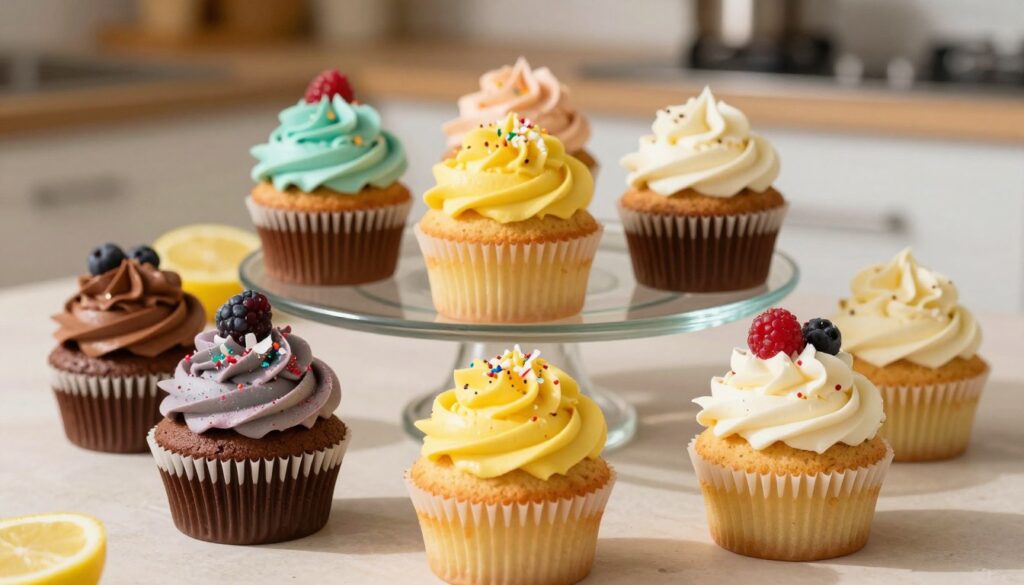 A beautifully arranged display of assorted gluten-free cupcakes in various vibrant flavors, including rich chocolate, zesty lemon, and aromatic vanilla bean. In the foreground, three cupcakes topped with swirls of colorful frosting and sprinkled with edible glitter, showcasing fresh berries and coconut flakes as garnishes. In the middle, a delicate glass stand elevates cupcakes, allowing their vibrant colors to pop against a softly blurred kitchen background. Warm, natural lighting illuminates the scene, casting gentle shadows that enhance the textures of the frosting and cake. Captured with a shallow depth of field, the focus draws the viewer's eye to the intricate details of the cupcakes, evoking a cheerful and inviting atmosphere. The overall mood is warm and appetizing, perfect for inspiring a sense of joy and creativity in gluten-free baking. A beautifully arranged display of assorted gluten-free cupcakes in various vibrant flavors, including rich chocolate, zesty lemon, and aromatic vanilla bean. In the foreground, three cupcakes topped with swirls of colorful frosting and sprinkled with edible glitter, showcasing fresh berries and coconut flakes as garnishes. In the middle, a delicate glass stand elevates cupcakes, allowing their vibrant colors to pop against a softly blurred kitchen background. Warm, natural lighting illuminates the scene, casting gentle shadows that enhance the textures of the frosting and cake. Captured with a shallow depth of field, the focus draws the viewer's eye to the intricate details of the cupcakes, evoking a cheerful and inviting atmosphere. The overall mood is warm and appetizing, perfect for inspiring a sense of joy and creativity in gluten-free baking.
