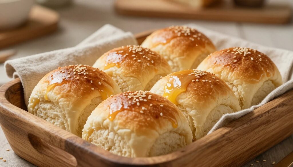 A beautifully arranged display of freshly baked sub rolls, soft and golden-brown, nestled in a rustic wooden basket. In the foreground, the rolls take center stage, glistening lightly from a flavorful brush of melted butter. Each roll showcases a fluffy texture with a delicate crust, hinting at their flavorful profile. In the middle ground, a neatly folded linen cloth adds an inviting touch, while a few scattered sesame seeds provide a rustic charm. The background features a softly blurred kitchen setting, with warm, ambient lighting illuminating the scene, enhancing the cozy, home-baked atmosphere. The overall mood is warm and inviting, perfect for showcasing how to store these delectable sub rolls for maximum freshness.