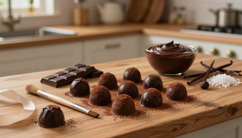 A beautifully arranged display of handcrafted black chocolate truffles on a rustic wooden kitchen countertop, glistening with a light dusting of cocoa powder. In the foreground, several truffles are paired with artisanal utensils such as a delicate pastry brush and a flowing ribbon. In the middle, a high-quality dark chocolate block and a bowl overflowing with rich ganache hint at the crafting process. The background features a softly lit kitchen with warm, inviting hues, vintage kitchenware, and fresh ingredients like vanilla pods and sea salt. Soft, ambient lighting creates a cozy atmosphere, inviting viewers into the art of chocolate making, captured from a slightly elevated angle to showcase the entire scene's elegance and warmth. A beautifully arranged display of handcrafted black chocolate truffles on a rustic wooden kitchen countertop, glistening with a light dusting of cocoa powder. In the foreground, several truffles are paired with artisanal utensils such as a delicate pastry brush and a flowing ribbon. In the middle, a high-quality dark chocolate block and a bowl overflowing with rich ganache hint at the crafting process. The background features a softly lit kitchen with warm, inviting hues, vintage kitchenware, and fresh ingredients like vanilla pods and sea salt. Soft, ambient lighting creates a cozy atmosphere, inviting viewers into the art of chocolate making, captured from a slightly elevated angle to showcase the entire scene's elegance and warmth.