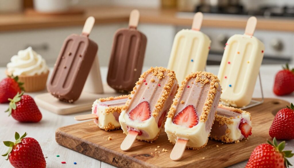 A beautifully arranged display of popular ice cream bars, with a focus on homemade strawberry shortcake ice cream bars. In the foreground, a trio of vibrant strawberry shortcake bars, coated in a light golden crumb, with visible fresh strawberries peeking through the creamy ice cream. Surrounding them, a few chocolate and vanilla ice cream bars with colorful sprinkles. In the middle ground, a rustic wooden table adorned with fresh strawberries and whipped cream, hinting at the preparation process. The background features a softly blurred kitchen setting, enhanced with warm lighting to create an inviting and cozy atmosphere. The composition should be shot from a slightly elevated angle, allowing clear visibility of all elements, emphasizing the rich textures and colors, evoking a sense of delightful indulgence.