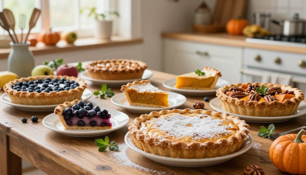 A beautifully arranged display of scrumptious gluten-free pies on a rustic wooden table, showcasing a variety of flavors like blueberry, pumpkin, and pecan. The foreground features a golden crust pie dusted with powdered sugar, glistening under soft, warm lighting that creates an inviting atmosphere. In the middle, a few slices are served on elegant white plates, revealing rich, colorful fillings, surrounded by fresh, vibrant fruits and herbs for garnish. The background includes a quaint kitchen scene with vintage baking utensils and colorful fresh ingredients, bathed in soft natural light filtering through a window, evoking a cozy, homey feel. The overall mood is warm and inviting, perfect for a delightful dessert experience. A beautifully arranged display of scrumptious gluten-free pies on a rustic wooden table, showcasing a variety of flavors like blueberry, pumpkin, and pecan. The foreground features a golden crust pie dusted with powdered sugar, glistening under soft, warm lighting that creates an inviting atmosphere. In the middle, a few slices are served on elegant white plates, revealing rich, colorful fillings, surrounded by fresh, vibrant fruits and herbs for garnish. The background includes a quaint kitchen scene with vintage baking utensils and colorful fresh ingredients, bathed in soft natural light filtering through a window, evoking a cozy, homey feel. The overall mood is warm and inviting, perfect for a delightful dessert experience.