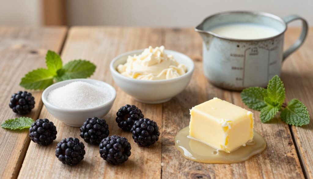 A beautifully arranged flat lay of blackberry cobbler ingredients, featuring fresh blackberries glistening with dew, a bowl of granulated sugar, a scoop of cake mix, and a stick of melted butter, artfully placed on a rustic wooden table. Surrounding these ingredients, there should be a few sprigs of mint for color contrast, and a vintage measuring cup filled with milk. The background should be softly blurred, suggesting a cozy kitchen setting with warm, natural lighting that enhances the rich colors of the ingredients. The image should convey a warm, inviting atmosphere, perfect for a homey baking experience, captured from a slight overhead angle to focus on the textures and vibrant colors of the ingredients. A beautifully arranged flat lay of blackberry cobbler ingredients, featuring fresh blackberries glistening with dew, a bowl of granulated sugar, a scoop of cake mix, and a stick of melted butter, artfully placed on a rustic wooden table. Surrounding these ingredients, there should be a few sprigs of mint for color contrast, and a vintage measuring cup filled with milk. The background should be softly blurred, suggesting a cozy kitchen setting with warm, natural lighting that enhances the rich colors of the ingredients. The image should convey a warm, inviting atmosphere, perfect for a homey baking experience, captured from a slight overhead angle to focus on the textures and vibrant colors of the ingredients.
