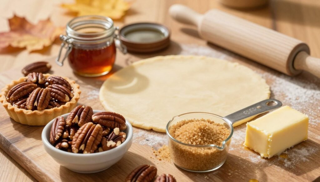A beautifully arranged flat lay of delicious pecan tart ingredients, featuring fresh pecans, brown sugar, rich butter, and golden syrup. The foreground includes a small bowl of cracked pecans, a measuring cup filled with brown sugar, and a stick of butter on a rustic wooden surface. In the middle, a rolling pin and a sheet of dough await preparation, while a small glass jar of syrup adds a shiny reflection. The background showcases blurred autumn leaves and a warm wooden kitchen table, enhancing the cozy atmosphere. Soft natural lighting illuminates the scene, casting gentle shadows and creating a warm, inviting mood, perfect for a baking adventure. The lens focus is sharp on the ingredients, creating a tantalizing visual appeal. A beautifully arranged flat lay of delicious pecan tart ingredients, featuring fresh pecans, brown sugar, rich butter, and golden syrup. The foreground includes a small bowl of cracked pecans, a measuring cup filled with brown sugar, and a stick of butter on a rustic wooden surface. In the middle, a rolling pin and a sheet of dough await preparation, while a small glass jar of syrup adds a shiny reflection. The background showcases blurred autumn leaves and a warm wooden kitchen table, enhancing the cozy atmosphere. Soft natural lighting illuminates the scene, casting gentle shadows and creating a warm, inviting mood, perfect for a baking adventure. The lens focus is sharp on the ingredients, creating a tantalizing visual appeal.