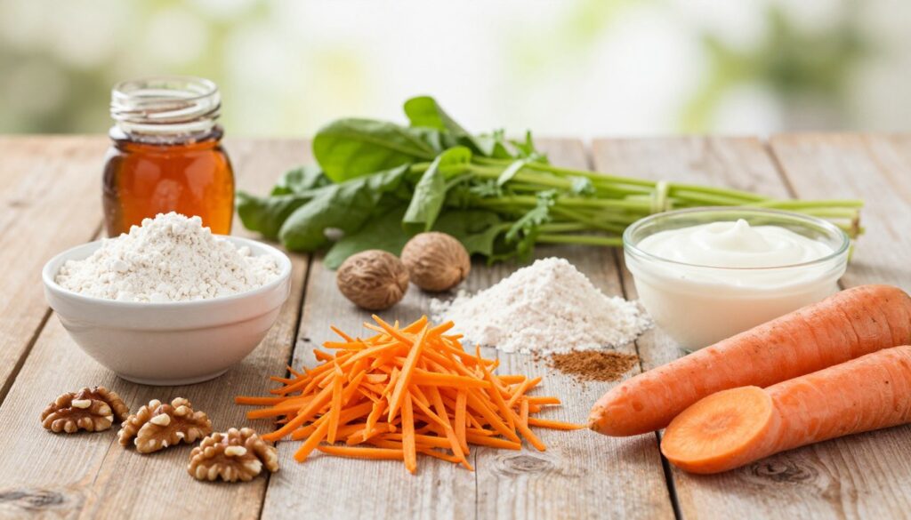 A beautifully arranged flat lay of vegan carrot cake ingredients on a rustic wooden table. In the foreground, a vibrant mound of grated carrots with a scattering of chopped walnuts and a bowl of fluffy coconut flour. Beside it, a jar of maple syrup glistens, accompanied by a delicate sprinkle of cinnamon and a bowl of dairy-free yogurt. In the middle layer, a few whole spices such as nutmeg and a small pile of baking powder sit elegantly among fresh, leafy greens. The background features soft, diffused natural light filtering in, creating a warm and inviting atmosphere, while a subtle hint of greenery frames the scene, enhancing the organic feel. The overall mood is bright, fresh, and wholesome, perfect for showcasing the delightful ingredients of a vegan carrot cake. A beautifully arranged flat lay of vegan carrot cake ingredients on a rustic wooden table. In the foreground, a vibrant mound of grated carrots with a scattering of chopped walnuts and a bowl of fluffy coconut flour. Beside it, a jar of maple syrup glistens, accompanied by a delicate sprinkle of cinnamon and a bowl of dairy-free yogurt. In the middle layer, a few whole spices such as nutmeg and a small pile of baking powder sit elegantly among fresh, leafy greens. The background features soft, diffused natural light filtering in, creating a warm and inviting atmosphere, while a subtle hint of greenery frames the scene, enhancing the organic feel. The overall mood is bright, fresh, and wholesome, perfect for showcasing the delightful ingredients of a vegan carrot cake.