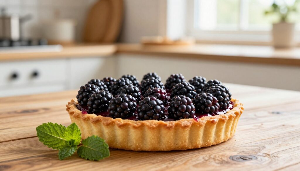 A beautifully arranged fresh blackberry tart sits elegantly on a rustic wooden table, showcasing a golden, flaky crust filled with velvety blackberry custard, topped with a generous layer of juicy blackberries glistening with a light glaze. In the foreground, delicate mint leaves add a touch of color and freshness. The tart is positioned slightly off-center, allowing for a glimpse of a charming kitchen setting in the background, where soft, warm light streams in from a nearby window, creating a cozy atmosphere. The scene is captured with a shallow depth of field, emphasizing the vivid details of the tart while softly blurring the kitchen decor. Overall, the mood is inviting and warm, perfect for inspiring sweet treat lovers.