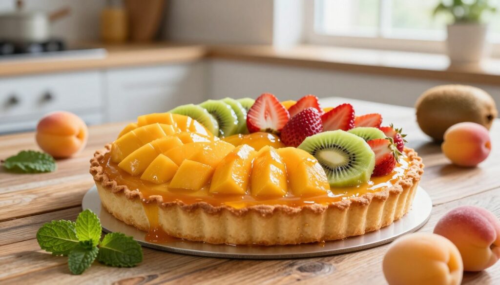 A beautifully arranged fruit tart, showcasing vibrant slices of mango, strawberries, and kiwi artfully placed on a buttery, golden-brown crust. The tart is adorned with a glossy apricot glaze, highlighting the freshness of the fruits. In the foreground, the tart sits elegantly on a rustic wooden table, surrounded by scattered mint leaves and a few whole fruits for added texture. The background features a soft-focus kitchen setting, with natural light streaming through a window, casting gentle shadows. The image captures a warm and inviting atmosphere, evoking a sense of enjoyment and culinary creativity. The angle is slightly above, allowing a clear view of the tart’s layers and colorful toppings, with a shallow depth of field to emphasize the subject. A beautifully arranged fruit tart, showcasing vibrant slices of mango, strawberries, and kiwi artfully placed on a buttery, golden-brown crust. The tart is adorned with a glossy apricot glaze, highlighting the freshness of the fruits. In the foreground, the tart sits elegantly on a rustic wooden table, surrounded by scattered mint leaves and a few whole fruits for added texture. The background features a soft-focus kitchen setting, with natural light streaming through a window, casting gentle shadows. The image captures a warm and inviting atmosphere, evoking a sense of enjoyment and culinary creativity. The angle is slightly above, allowing a clear view of the tart’s layers and colorful toppings, with a shallow depth of field to emphasize the subject.