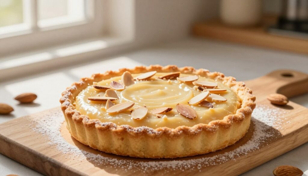 A beautifully arranged homemade almond tart, showcasing a golden-brown crust with a perfectly smooth almond filling, sprinkled with sliced almonds on top for texture. The tart is centered in the foreground, with a delicate dusting of powdered sugar adding a touch of elegance. In the middle ground, a wooden cutting board and a few whole almonds are visible, enhancing the rustic charm. A light, airy kitchen setting fills the background, bathed in soft, warm sunlight streaming through a nearby window, creating a cozy atmosphere. The image is shot from a slightly elevated angle, emphasizing the tart’s inviting texture and inviting the viewer to appreciate its homemade essence. The overall mood is warm and inviting, perfect for a dessert treat. A beautifully arranged homemade almond tart, showcasing a golden-brown crust with a perfectly smooth almond filling, sprinkled with sliced almonds on top for texture. The tart is centered in the foreground, with a delicate dusting of powdered sugar adding a touch of elegance. In the middle ground, a wooden cutting board and a few whole almonds are visible, enhancing the rustic charm. A light, airy kitchen setting fills the background, bathed in soft, warm sunlight streaming through a nearby window, creating a cozy atmosphere. The image is shot from a slightly elevated angle, emphasizing the tart’s inviting texture and inviting the viewer to appreciate its homemade essence. The overall mood is warm and inviting, perfect for a dessert treat.