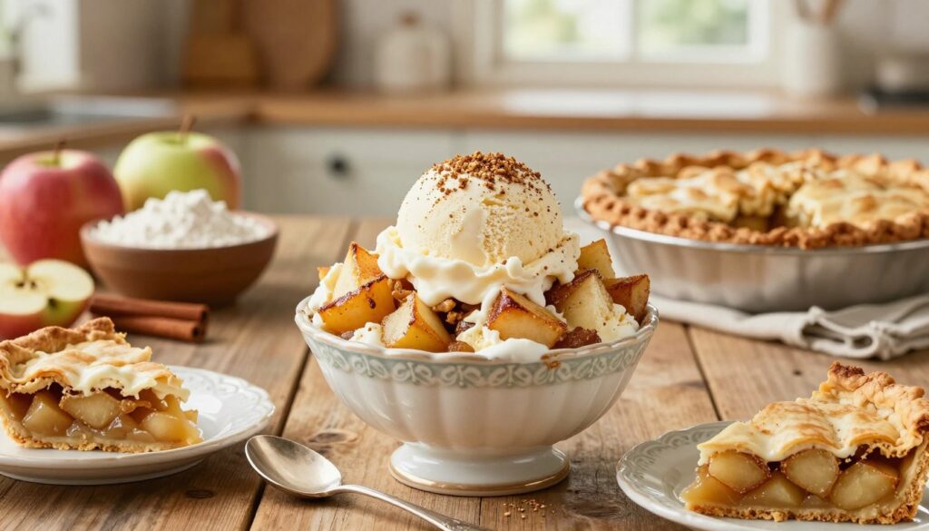 A beautifully arranged homemade apple pie ice cream dessert is the focal point of the image, with a rich scoop of creamy, cinnamon-spiced ice cream topped with chunks of tender, caramelized apple and a sprinkle of nutmeg. In the foreground, an ornate dessert bowl is accompanied by a silver spoon and a small dish of freshly baked apple pie slices, showcasing a flaky crust. The middle ground features a rustic wooden table, scattered with ingredients like fresh apples, a bowl of flour, and cinnamon sticks. In the background, a warm, inviting kitchen with soft, natural lighting floods through a window, creating a cozy atmosphere. The scene conveys a delightful and homely mood, perfect for a step-by-step instruction guide.