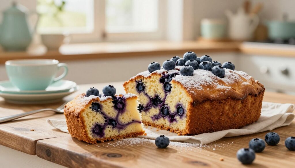 A beautifully arranged homemade blueberry cake sits on a rustic wooden table, showcasing its golden-brown, slightly domed top sprinkled with powdered sugar and adorned with fresh, plump blueberries. The cake is cut into generous slices, revealing a moist, fluffy interior with vibrant blueberry swirls. In the background, a soft-focus kitchen setting features pastel-colored dishware and a sun-drenched window letting in warm natural light, creating a cozy atmosphere. The scene is captured with a shallow depth of field, emphasizing the cake in the foreground while the background remains gently blurred. The overall mood is inviting and warm, perfect for a breakfast setting, with a slight emphasis on homemade comfort. A beautifully arranged homemade blueberry cake sits on a rustic wooden table, showcasing its golden-brown, slightly domed top sprinkled with powdered sugar and adorned with fresh, plump blueberries. The cake is cut into generous slices, revealing a moist, fluffy interior with vibrant blueberry swirls. In the background, a soft-focus kitchen setting features pastel-colored dishware and a sun-drenched window letting in warm natural light, creating a cozy atmosphere. The scene is captured with a shallow depth of field, emphasizing the cake in the foreground while the background remains gently blurred. The overall mood is inviting and warm, perfect for a breakfast setting, with a slight emphasis on homemade comfort.