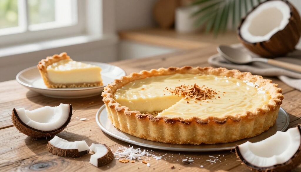 A beautifully arranged homemade coconut tart sits on a rustic wooden table, showcasing its golden-brown, flaky crust and a creamy, coconut-infused filling. In the foreground, fresh coconut slices and finely grated coconut surround the tart, adding texture and color. The middle ground features a small, elegant plate with a slice of the tart, revealing the rich filling and topped with a sprinkle of toasted coconut flakes. Soft, natural light filters in from a nearby window, casting gentle highlights on the tart and creating a warm, inviting atmosphere. The background includes a cozy kitchen setting, with blurred out baking utensils and a hint of tropical greenery, evoking the culinary charm of coconut desserts.