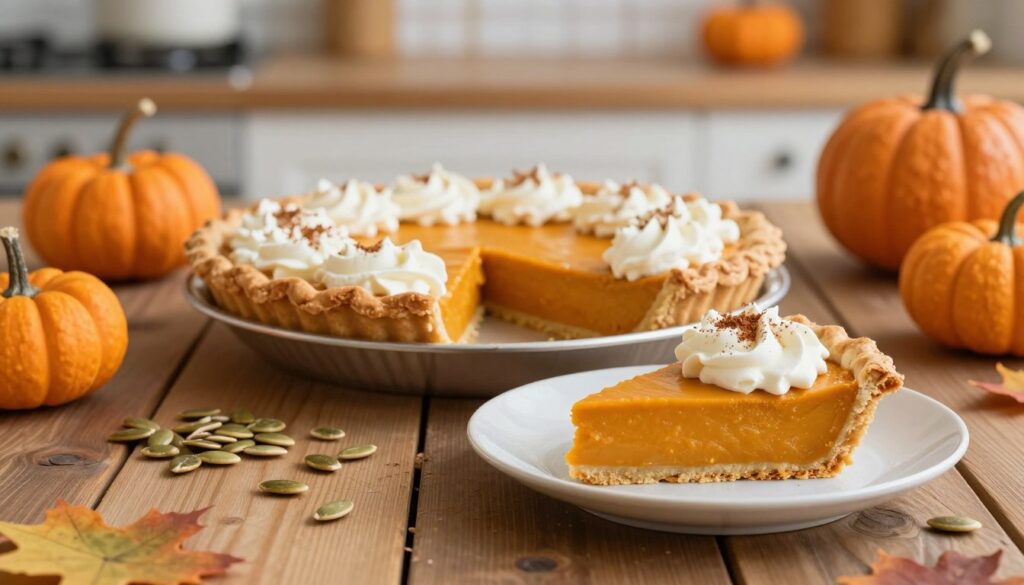 A beautifully arranged homemade pumpkin cream pie sits on a rustic wooden table. The pie features a smooth, velvety pumpkin filling topped with fluffy whipped cream, sprinkled with a hint of ground cinnamon and nutmeg. In the foreground, a slice of the pie is elegantly presented on a delicate porcelain plate, showing off its creamy texture and rich orange color. Fresh pumpkin seeds and a few small pumpkins are artistically placed around the pie, adding a seasonal touch. The background showcases a warm, softly lit kitchen with autumn-themed decorations, creating a cozy and inviting atmosphere. The scene is captured with a shallow depth of field, focusing on the pie to evoke a sense of comfort and homeliness, perfect for fall baking. A beautifully arranged homemade pumpkin cream pie sits on a rustic wooden table. The pie features a smooth, velvety pumpkin filling topped with fluffy whipped cream, sprinkled with a hint of ground cinnamon and nutmeg. In the foreground, a slice of the pie is elegantly presented on a delicate porcelain plate, showing off its creamy texture and rich orange color. Fresh pumpkin seeds and a few small pumpkins are artistically placed around the pie, adding a seasonal touch. The background showcases a warm, softly lit kitchen with autumn-themed decorations, creating a cozy and inviting atmosphere. The scene is captured with a shallow depth of field, focusing on the pie to evoke a sense of comfort and homeliness, perfect for fall baking.
