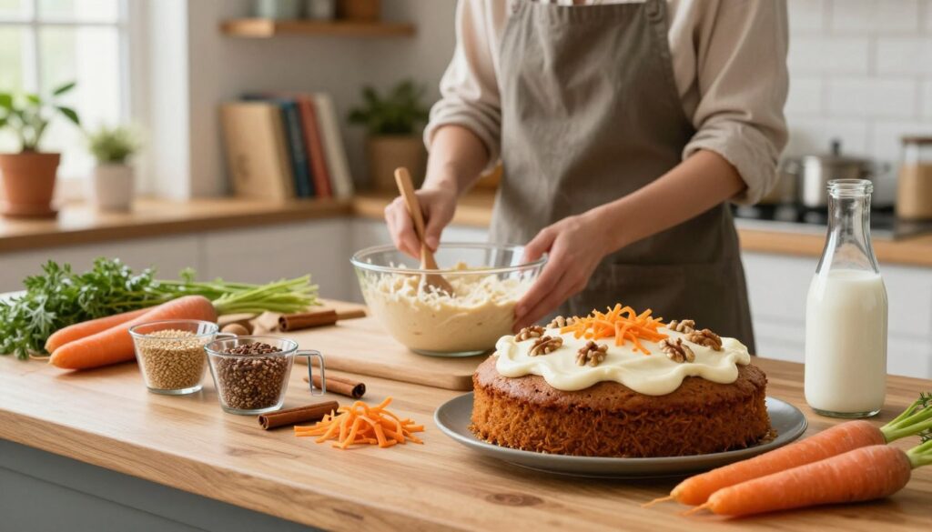 A beautifully arranged indoor kitchen scene dedicated to vegan baking, focusing on a warm, inviting atmosphere. In the foreground, a wooden countertop displays a freshly baked vegan carrot cake, topped with creamy frosting and adorned with walnuts and a sprinkle of shredded carrots. Nearby, measuring cups filled with whole grains, spices like cinnamon, and fresh ingredients like grated carrots and almond milk create a colorful, textural contrast. In the middle, a baker, dressed in casual yet professional attire, is confidently mixing batter in a glass bowl, showcasing the hands-on aspect of vegan baking. The background features shelves with cookbooks and plants for a cozy feel, with warm, natural light illuminating the entire scene through a nearby window, evoking a sense of comfort and creativity in the kitchen. A beautifully arranged indoor kitchen scene dedicated to vegan baking, focusing on a warm, inviting atmosphere. In the foreground, a wooden countertop displays a freshly baked vegan carrot cake, topped with creamy frosting and adorned with walnuts and a sprinkle of shredded carrots. Nearby, measuring cups filled with whole grains, spices like cinnamon, and fresh ingredients like grated carrots and almond milk create a colorful, textural contrast. In the middle, a baker, dressed in casual yet professional attire, is confidently mixing batter in a glass bowl, showcasing the hands-on aspect of vegan baking. The background features shelves with cookbooks and plants for a cozy feel, with warm, natural light illuminating the entire scene through a nearby window, evoking a sense of comfort and creativity in the kitchen.