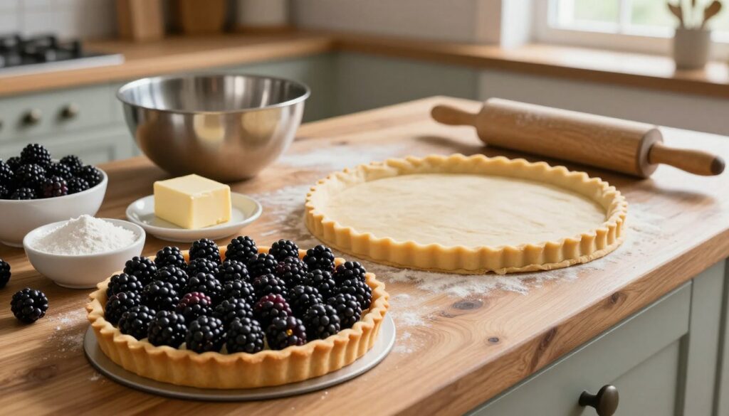 A beautifully arranged kitchen counter is set for baking a blackberry tart. In the foreground, a vibrant array of fresh blackberries, flour, butter, and sugar is artfully displayed, with a mixing bowl and a rolling pin suggesting preparation. The middle features a partially rolled pastry crust, elegantly curved and ready for filling. A rustic wooden table serves as the surface, adding warmth to the scene. In the background, soft natural light streams in through a nearby window, creating a cozy atmosphere and casting gentle shadows. The kitchen is tidy, with baking utensils neatly organized, and an inviting vibe that inspires creativity. The composition has a slight overhead angle, emphasizing both the ingredients and the baking process, capturing the essence of “Baking Your Blackberry Tart: Timing Matters.”