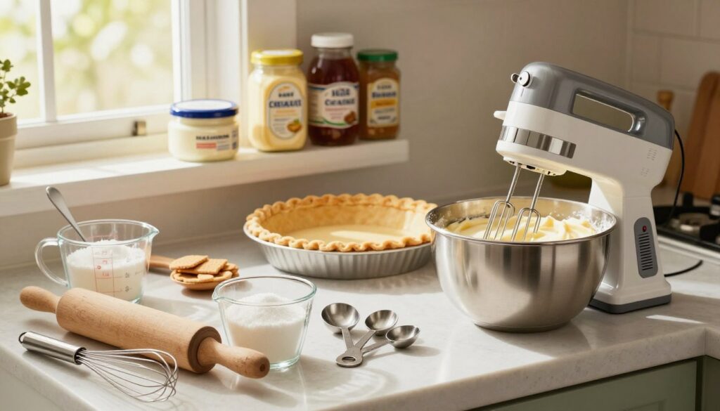 A beautifully arranged kitchen countertop displaying essential tools for making cream cheese pie. In the foreground, a classic mixing bowl and electric hand mixer glimmer under warm, soft light, accented by a measuring cup filled with sugar and a whisk. The middle ground features a rolling pin, a set of measuring spoons, and a graham cracker pie crust, all neatly organized. In the background, a shelf holds jars of vanilla extract and cream cheese, with a window letting in natural sunlight, adding a cozy, inviting atmosphere. The scene captures the essence of homemade baking, with a focus on preparation tools that are vital for creating a delightful cream cheese pie. The composition is warm, vibrant, and cheerful, inviting viewers to explore the joy of baking. A beautifully arranged kitchen countertop displaying essential tools for making cream cheese pie. In the foreground, a classic mixing bowl and electric hand mixer glimmer under warm, soft light, accented by a measuring cup filled with sugar and a whisk. The middle ground features a rolling pin, a set of measuring spoons, and a graham cracker pie crust, all neatly organized. In the background, a shelf holds jars of vanilla extract and cream cheese, with a window letting in natural sunlight, adding a cozy, inviting atmosphere. The scene captures the essence of homemade baking, with a focus on preparation tools that are vital for creating a delightful cream cheese pie. The composition is warm, vibrant, and cheerful, inviting viewers to explore the joy of baking.