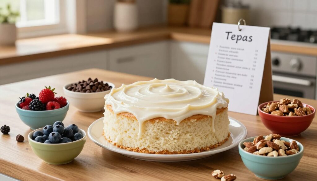 A beautifully arranged kitchen countertop features a freshly baked white Texas sheet cake, with a light, fluffy texture, topped with glossy white frosting. Surrounding the cake, colorful and neatly labeled bowls of various ingredients hinting at popular variations—fresh berries, chocolate chips, and nuts—add visual interest. A recipe card stands elegantly beside the cake, showcasing handwritten tips and flavor enhancements, with a cozy home kitchen background featuring warm wooden elements and natural light streaming in through a window, creating a welcoming atmosphere. Capture this scene from a slightly elevated angle, using soft, diffused lighting to highlight the cake's smooth frosting and the vibrant ingredients, evoking a sense of creativity and inspiration for baking. A beautifully arranged kitchen countertop features a freshly baked white Texas sheet cake, with a light, fluffy texture, topped with glossy white frosting. Surrounding the cake, colorful and neatly labeled bowls of various ingredients hinting at popular variations—fresh berries, chocolate chips, and nuts—add visual interest. A recipe card stands elegantly beside the cake, showcasing handwritten tips and flavor enhancements, with a cozy home kitchen background featuring warm wooden elements and natural light streaming in through a window, creating a welcoming atmosphere. Capture this scene from a slightly elevated angle, using soft, diffused lighting to highlight the cake's smooth frosting and the vibrant ingredients, evoking a sense of creativity and inspiration for baking.