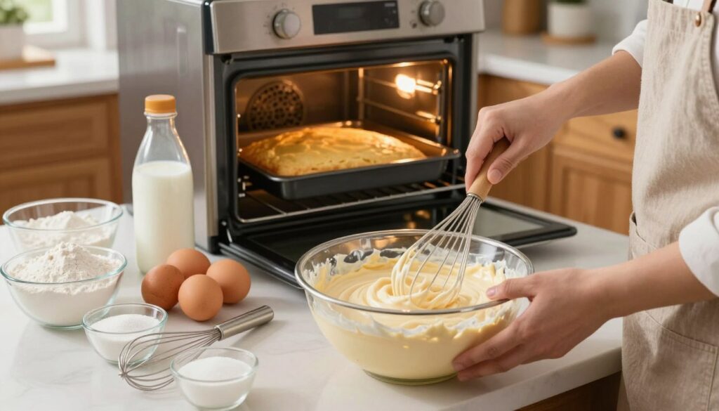A beautifully arranged kitchen countertop featuring the process of making a White Texas Sheet Cake. In the foreground, a large mixing bowl filled with creamy batter, being whisked by a pair of hands in modest casual attire. To the left, ingredients such as flour, sugar, eggs, and milk are artfully displayed, along with measuring cups and a whisk. In the middle ground, a warmly lit oven shows a smooth, golden-brown sheet cake baking inside. The background reveals a cozy kitchen setting, with wooden cabinets and soft, natural light filtering through a nearby window, enhancing the inviting atmosphere. The overall mood is cheerful and homey, perfect for illustrating a simple yet delicious dessert preparation. A beautifully arranged kitchen countertop featuring the process of making a White Texas Sheet Cake. In the foreground, a large mixing bowl filled with creamy batter, being whisked by a pair of hands in modest casual attire. To the left, ingredients such as flour, sugar, eggs, and milk are artfully displayed, along with measuring cups and a whisk. In the middle ground, a warmly lit oven shows a smooth, golden-brown sheet cake baking inside. The background reveals a cozy kitchen setting, with wooden cabinets and soft, natural light filtering through a nearby window, enhancing the inviting atmosphere. The overall mood is cheerful and homey, perfect for illustrating a simple yet delicious dessert preparation.
