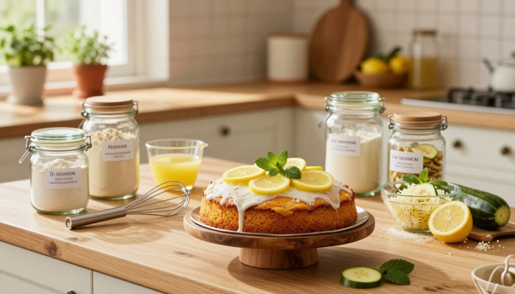 A beautifully arranged kitchen countertop showcasing a delicious lemon zucchini cake. In the foreground, the cake is displayed on a rustic wooden pedestal, garnished with lemon slices and mint leaves. Surrounding the cake are various types of flour in elegant glass jars, labeled clearly, signifying their usage for baking. The middle of the image features baking tools like a whisk, measuring cups, and a bowl with freshly grated zucchini and squeezed lemon juice, symbolizing the ingredients for the perfect cake. The background includes a warm, sunlit kitchen with wooden cabinets and potted herbs on the windowsill, creating a cozy atmosphere. Soft, diffused lighting emphasizes the fresh ingredients and the inviting ambiance of home baking. The angle should capture the essence of a homey kitchen, inviting viewers to explore the recipe.