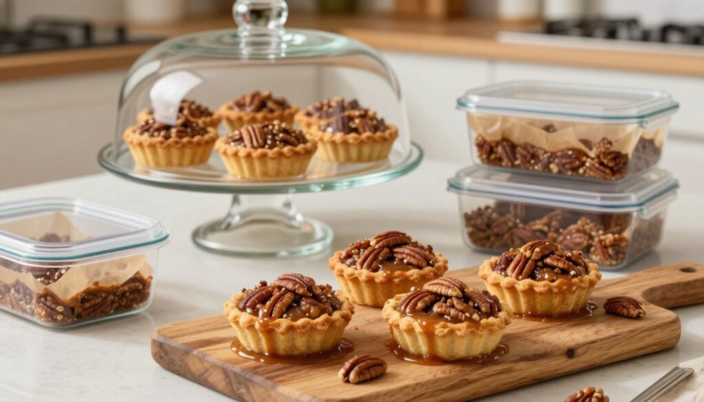 A beautifully arranged kitchen countertop showcasing an array of delicious homemade pecan tarts, with a focus on practical storage tips. In the foreground, a few freshly baked pecan tarts sit on a rustic wooden board, drizzled with caramel sauce and garnished with whole pecans. The middle ground features an elegant glass cake dome displaying more tarts, while airtight containers and parchment paper for wrapping leftover tarts are shown nearby. The background hints at a cozy kitchen atmosphere with soft, warm lighting that enhances the inviting nature of the scene. The lens captures the details of the tarts, emphasizing the golden crusts and shiny filling, creating a mouthwatering visual. The overall mood is warm and homey, perfect for illustrating the joy of preserving homemade desserts. A beautifully arranged kitchen countertop showcasing an array of delicious homemade pecan tarts, with a focus on practical storage tips. In the foreground, a few freshly baked pecan tarts sit on a rustic wooden board, drizzled with caramel sauce and garnished with whole pecans. The middle ground features an elegant glass cake dome displaying more tarts, while airtight containers and parchment paper for wrapping leftover tarts are shown nearby. The background hints at a cozy kitchen atmosphere with soft, warm lighting that enhances the inviting nature of the scene. The lens captures the details of the tarts, emphasizing the golden crusts and shiny filling, creating a mouthwatering visual. The overall mood is warm and homey, perfect for illustrating the joy of preserving homemade desserts.