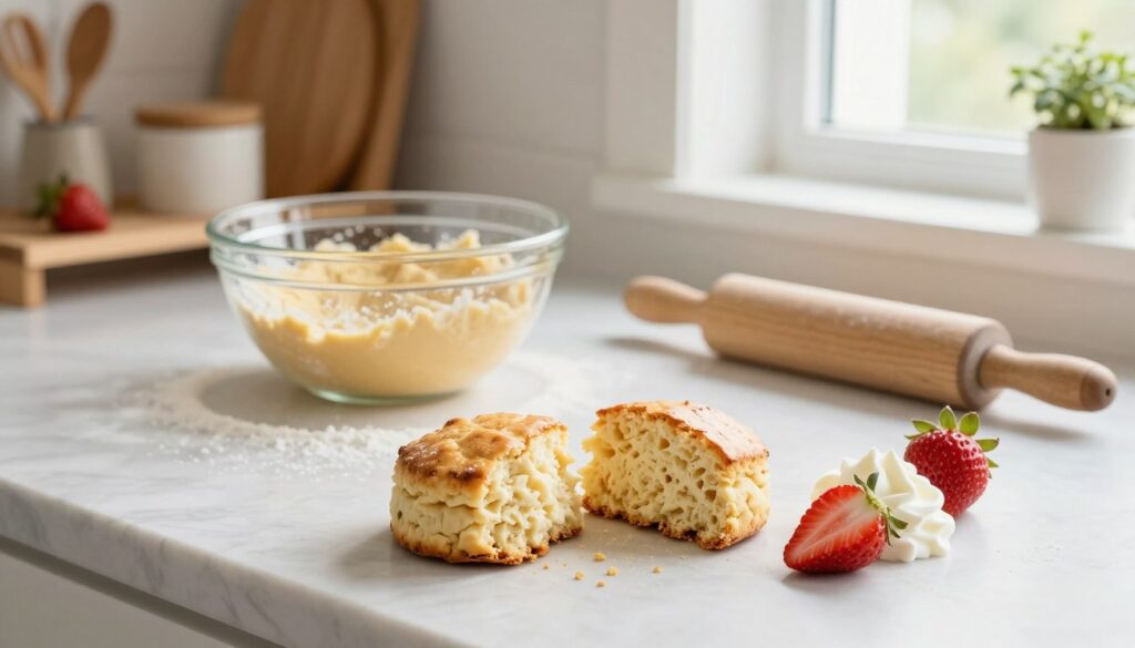 A beautifully arranged kitchen countertop showcasing an easy shortcake biscuit recipe. In the foreground, a golden-brown biscuit is sliced in half, revealing a fluffy interior. Fresh strawberries and a dollop of whipped cream are artfully placed beside it, highlighting the perfect serving suggestion. In the middle ground, a mixing bowl filled with biscuit dough sits next to a floured surface, where a rolling pin rests. The background features natural wooden shelves adorned with baking tools and a potted herb for a homely touch. Soft, diffused natural light streams in through a window, creating a warm and inviting atmosphere. The scene captures the essence of approachable baking, emphasizing the importance of avoiding common mistakes for perfect desserts. A beautifully arranged kitchen countertop showcasing an easy shortcake biscuit recipe. In the foreground, a golden-brown biscuit is sliced in half, revealing a fluffy interior. Fresh strawberries and a dollop of whipped cream are artfully placed beside it, highlighting the perfect serving suggestion. In the middle ground, a mixing bowl filled with biscuit dough sits next to a floured surface, where a rolling pin rests. The background features natural wooden shelves adorned with baking tools and a potted herb for a homely touch. Soft, diffused natural light streams in through a window, creating a warm and inviting atmosphere. The scene captures the essence of approachable baking, emphasizing the importance of avoiding common mistakes for perfect desserts.