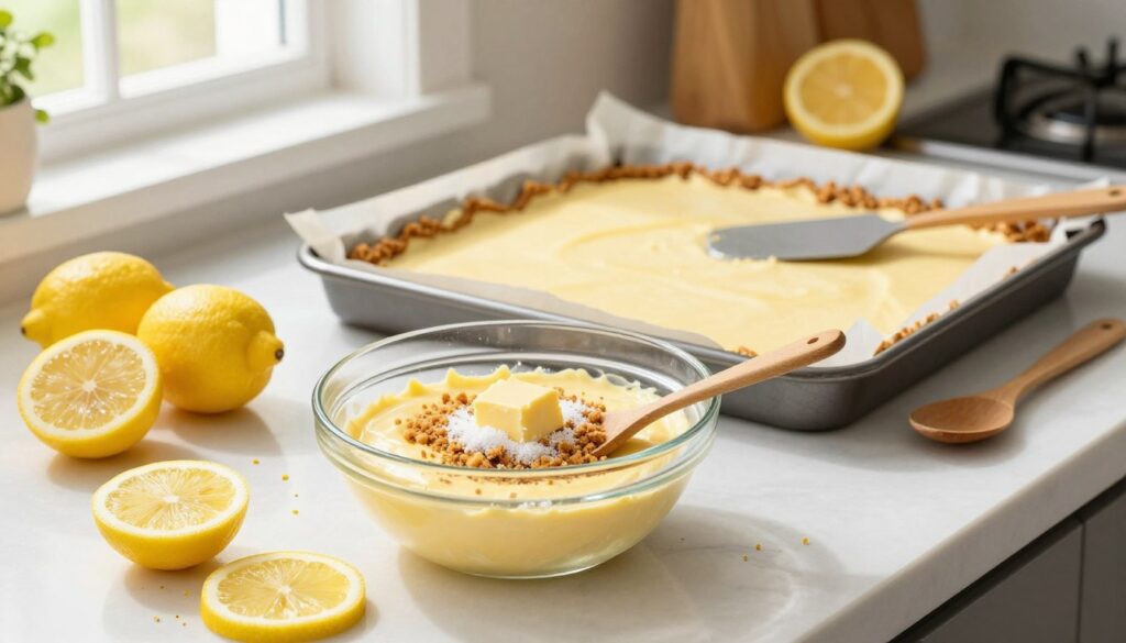 A beautifully arranged kitchen countertop showcasing the process of creating lemon cheesecake bars. In the foreground, a fresh mixture of graham cracker crumbs, sugar, and melted butter sits in a glass bowl, with a wooden spoon resting beside it. There are rich, golden lemon slices and zest artfully scattered around the bowl. In the middle, a partially assembled cheesecake bar on a parchment-lined baking dish shows the graham cracker crust being pressed down, with a spatula nearby for smoothing. The background features softly focused kitchen elements, like a bright window casting warm, natural light that enhances the cheerful, inviting atmosphere. The scene should evoke a sense of homely cooking joy and simplicity, emphasizing the deliciousness of the upcoming lemon cheesecake bars. A beautifully arranged kitchen countertop showcasing the process of creating lemon cheesecake bars. In the foreground, a fresh mixture of graham cracker crumbs, sugar, and melted butter sits in a glass bowl, with a wooden spoon resting beside it. There are rich, golden lemon slices and zest artfully scattered around the bowl. In the middle, a partially assembled cheesecake bar on a parchment-lined baking dish shows the graham cracker crust being pressed down, with a spatula nearby for smoothing. The background features softly focused kitchen elements, like a bright window casting warm, natural light that enhances the cheerful, inviting atmosphere. The scene should evoke a sense of homely cooking joy and simplicity, emphasizing the deliciousness of the upcoming lemon cheesecake bars.